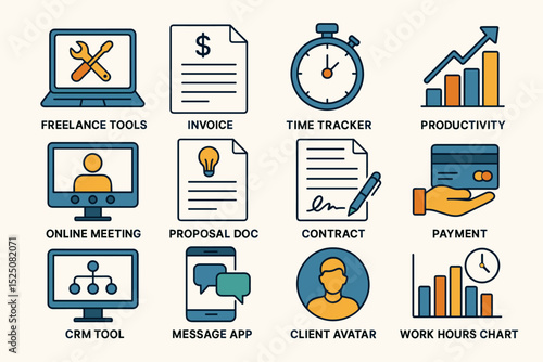 Icons of freelance tools: invoice, time tracker, productivity, payment, and more