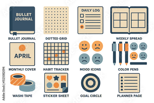 Bullet journal essentials: monthly cover, habit tracker, mood icons, color pens, planner pages