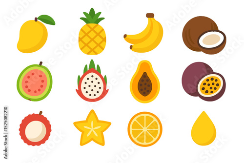 Colorful tropical fruit icons: mango, pineapple, banana, coconut, guava, dragon fruit, papaya, passion fruit