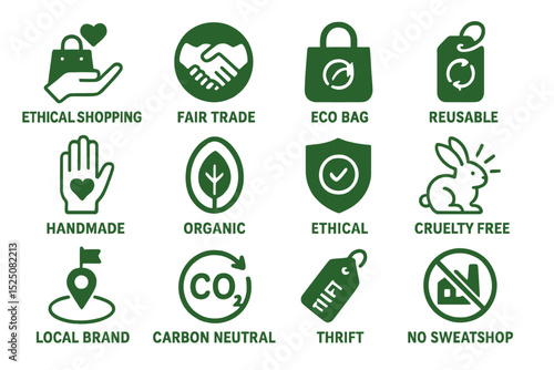 Ethical shopping icons: fair trade, eco bag, reusable, handmade, organic, carbon neutral