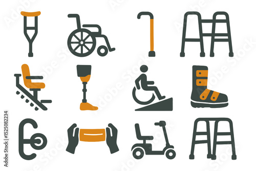 Mobility aids collection: crutch, wheelchair, cane, walker, prosthetic leg