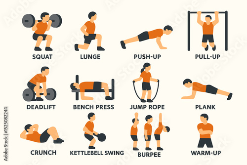 Fitness icon set: diverse exercises featuring male and female athletes