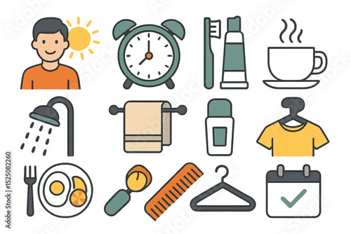 Daily morning routine icons featuring clock, coffee, shower, and personal hygiene items