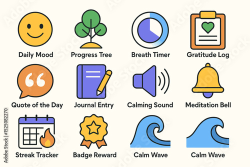 Colorful wellness and productivity icons for daily mood and meditation tracking