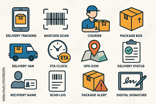 Courier and package delivery icons: tracking, barcode, gps, and alerts