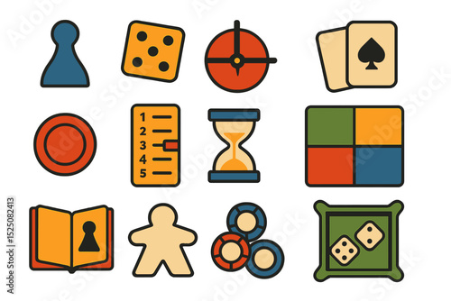 Colorful icon set of board game elements including dice and cards