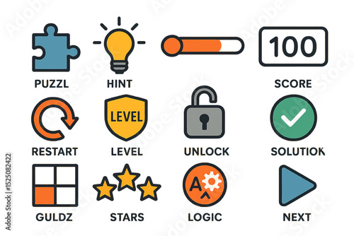 Colorful game interface icons for puzzle level unlock and score solutions