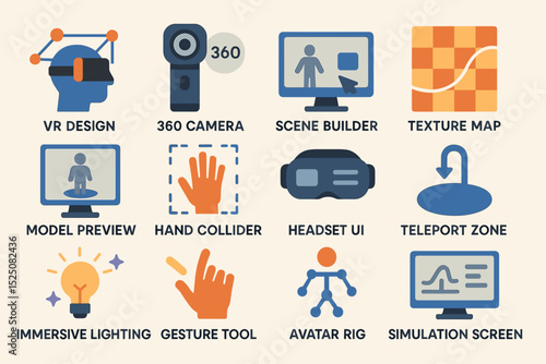 Virtual reality tools and concepts: vr design, 360 camera, scene builder, texture map, headset ui