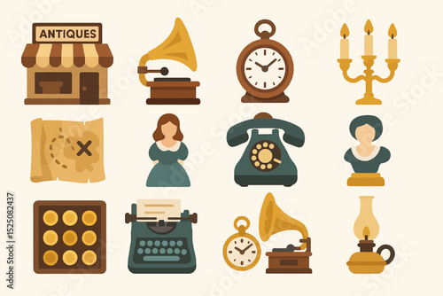 Vintage icons: antiques shop, typewriter, gramophone, candle, retro busts, map