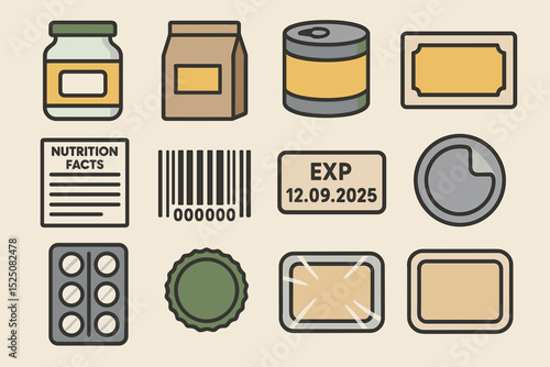 Assorted food packaging icons: jars, cans, labels, barcodes, expiry date, nutrition facts