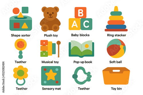 Colorful children's toys collection including plush, blocks, and stackers
