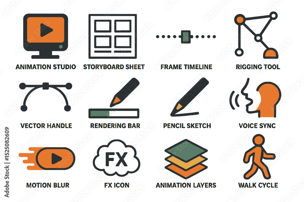 Animation tools and icons: studio, storyboard, timeline, rigging, rendering, sketch, sync