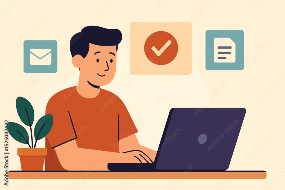 Young caucasian male using laptop in office setting with icons Young caucasian male using laptop in office setting with icons