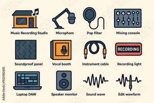 Music studio equipment icons: microphone, mixing console, vocal booth, sound wave, recording light