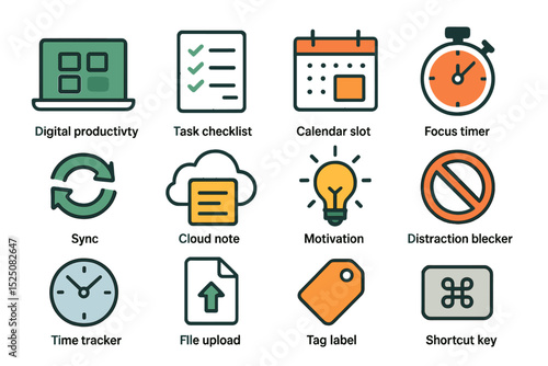 Icons for digital productivity: task checklist, focus timer, cloud note, motivation