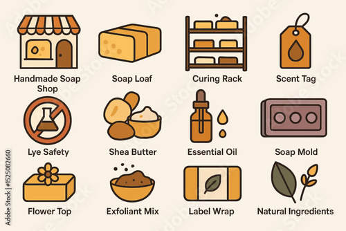 Handmade soap shop elements: loaf, curing rack, shea butter, essential oil, natural ingredients