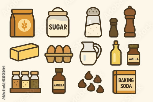 Assorted baking ingredients icons: sugar, salt, butter, eggs, vanilla, baking soda