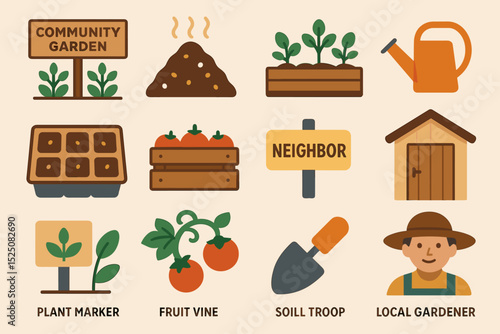Community garden elements: tools, plants, and signs for local horticulture