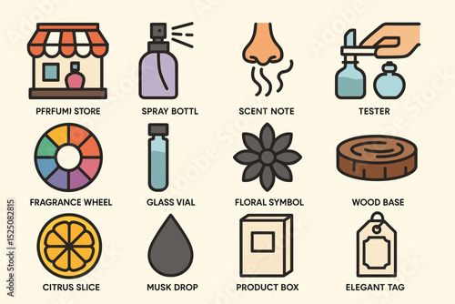 Illustrations of perfume elements and concepts in bold colors
