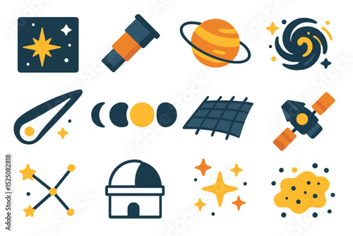 Colorful space icons featuring planets, telescope, and observatory on glowing background
