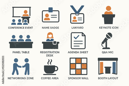 Icons of conference elements: badges, keynote, registration, agenda, networking, and more