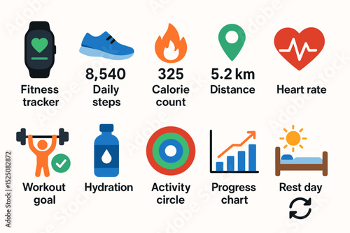 Fitness app icons: tracker, steps, calories, distance, heart rate, goals, hydration, activity, progress, rest