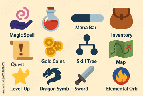 Fantasy game icons: magic, mana, inventory, skills, and more