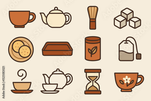 Tea set illustrations featuring teapots, cups, tea bags, and sugar cubes
