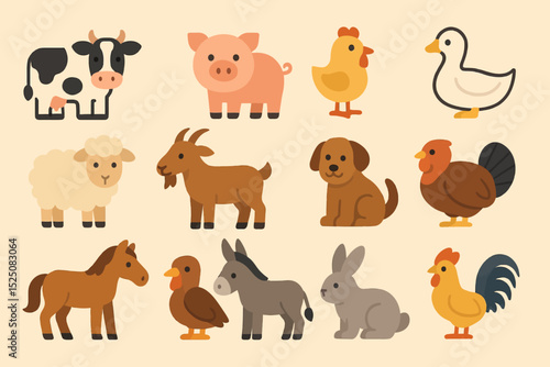 Cute farm animal collection: cow, pig, chicken, duck, and more