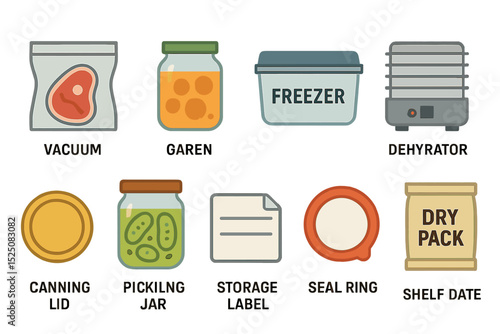 Food preservation techniques: vacuum seal, canning, dehydration, and storage methods illustrated