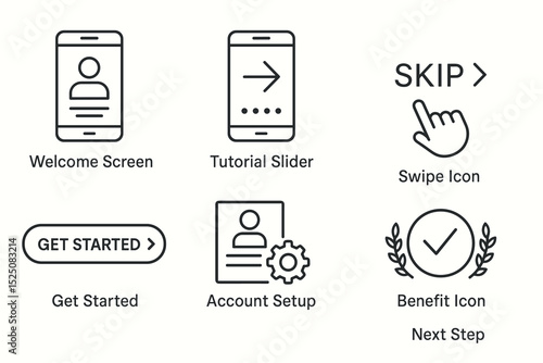 Mobile app ui elements: welcome, tutorial, get started, account setup, benefits