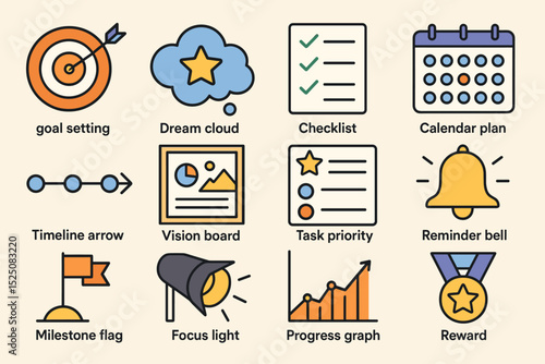 Icons of goal setting: checklists, calendars, progress graphs, and rewards for effective planning