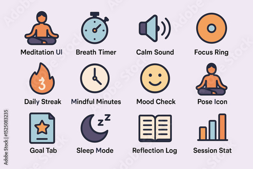 Mindfulness app icons: meditation timer, mood tracker, sleep mode, goal setting