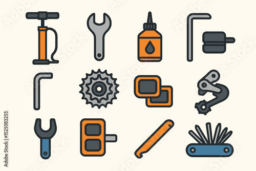 Bicycle repair tools icons: pump, wrench, chain, lubricant, multi-tool set