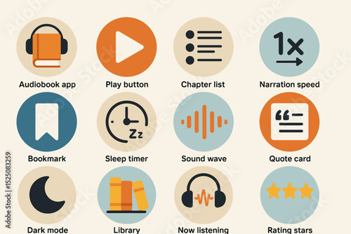 Audiobook app icons: play, bookmark, sleep timer, sound wave, library