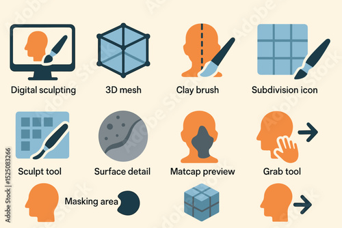 Digital sculpting tools: 3d mesh, clay brush, subdivision icon, sculpt tool, surface detail, masking area