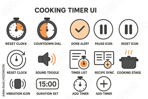 Cooking timer ui icons for kitchen apps and tools