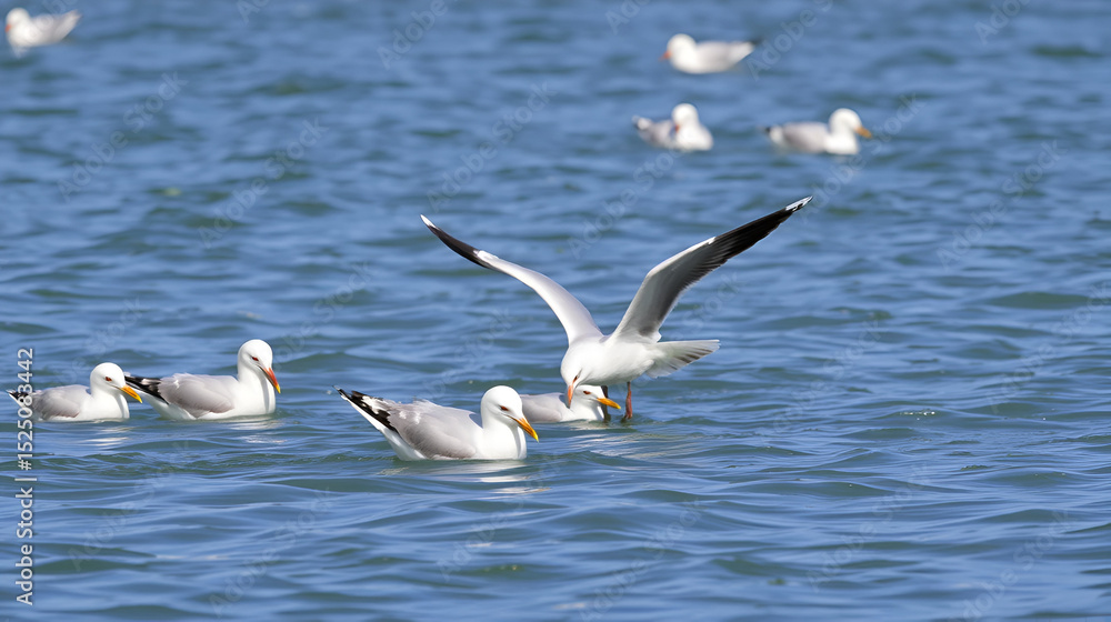 Seagulls eating in the water. Seabirds in wildlife biodiversity of insular ecosystems. Seabirds and island communities, Biodiversity awareness conservation of insular species in Delta Vacaresti Seagulls eating in the water. Seabirds in wildlife biodiversity of insular ecosystems. Seabirds and island communities, Biodiversity awareness conservation of insular species in Delta Vacaresti