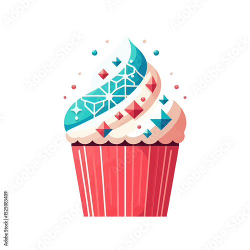 stylized cupcake with white frosting, blue and red geometric sprinkles, and a red striped liner. Perfect for blogs and websites about desserts, celebrations, baking, and sweet treats.
