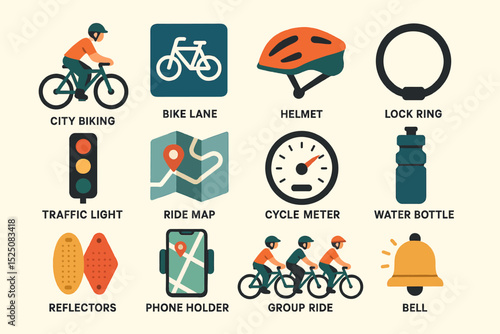 Essential city biking gear and safety icons for urban cyclists