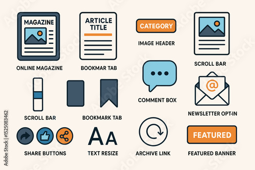 Ui icons set for online magazine and newsletter design
