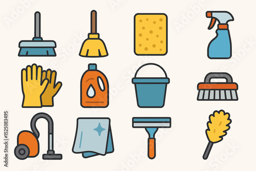 Colorful cleaning tools icons: broom, sponge, spray, vacuum, and more