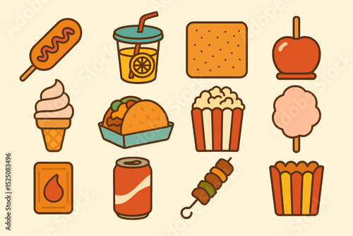 Colorful set of delicious iconic snack illustrations in pastel tones