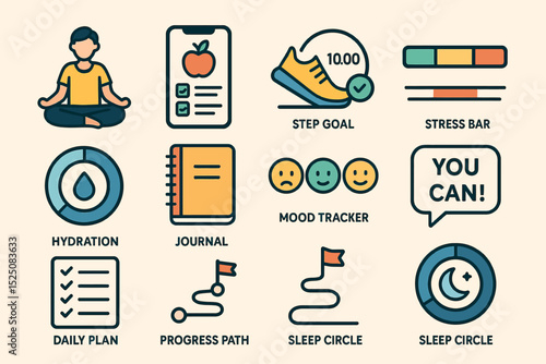Wellness icons collection: meditation, fitness, hydration, mood tracking, motivation