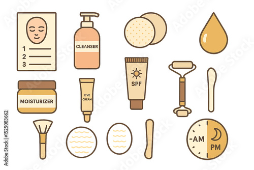 Essential skincare routine: cleanser, moisturizer, spf, and tools on golden background