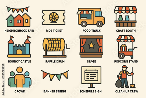 Neighborhood fair icons with food truck, craft booth, bouncy castle, and popcorn stand