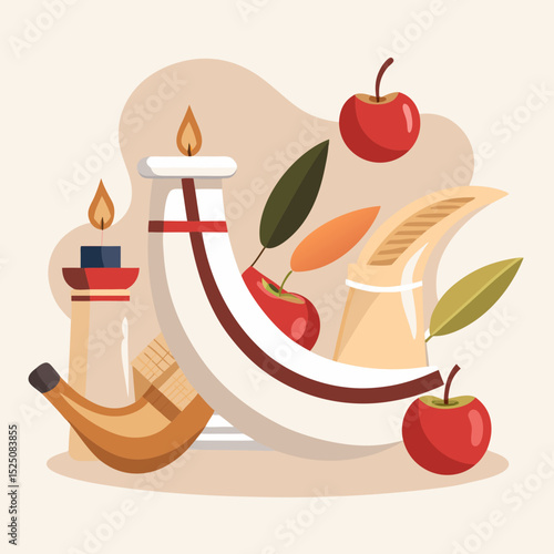 Yom Kippur Vector Illustration – Shofar, Traditions, Jewish Holiday Elements