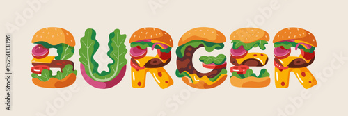 playful burger lettering made from stylized ingredients – ideal for food menus, restaurant branding, or casual dining promotions