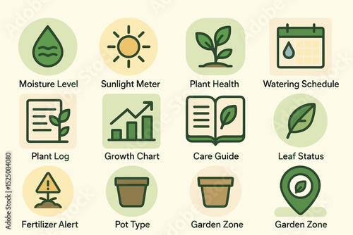 Garden management icons: moisture, sunlight, plant health, watering, growth, care, pot, zone