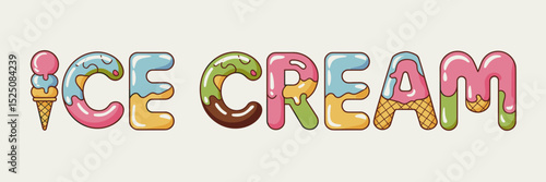 ice cream text made of colorful cones and scoops – ideal for dessert promotions and summer themes